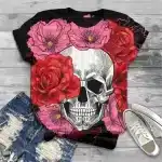 Vibrant Red & Pink Flowers Skull Print Women's T-Shirt