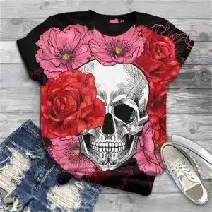 Vibrant Red & Pink Flowers Skull Print Women's T-Shirt