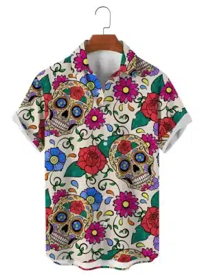 Vibrant Sugar Skull Floral Pattern Men’s Hawaiian Shirt