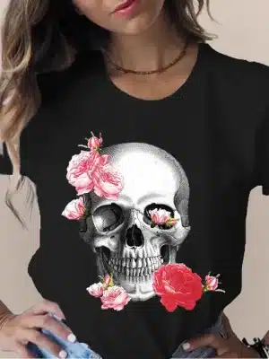 Vintage Floral Adornment Skull Black Women's T-Shirt