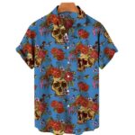 Vintage Floral Skull Art Blue Men’s Hawaiian Shirt