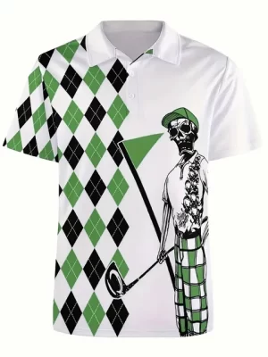 Vintage Golfer Skeleton Green Argyle Men’s Polo Shirt