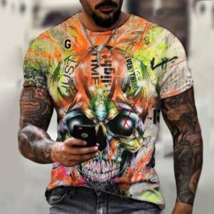 Vivid Graffiti Lime Light Skull Short Sleeve Men’s T-Shirt