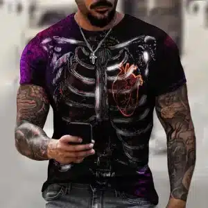 Vivid Neon Heart Cybernetic Skeleton Ribs Men’s T-Shirt