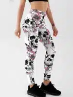 White Floral Skull Sketch Exercise Women's Leggings