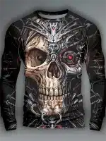 3D Cyber Robotic Skull Graphic Men’s Long Sleeve T-Shirt