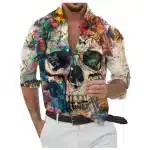 Abstract Floral Skull Paint Men's Long Sleeve Dress Shirt