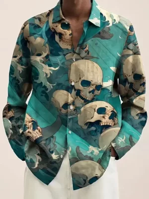 Aqua Skull Floral Wave Men's Long Sleeve Dress Shirt