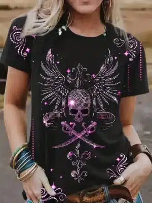 Black Bling Winged Skull Swords Rhinestone Women's T-Shirt