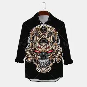 Black Cybernetic Skull Tech Art Men’s Long Sleeve Dress Shirt