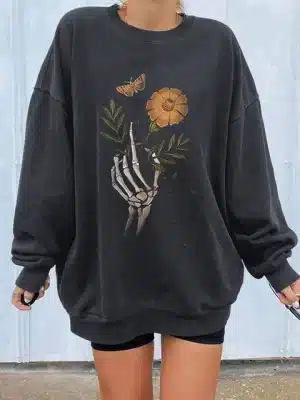 Black Skeleton Hand Floral Butterfly Women's Sweatshirt