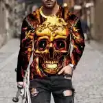 Blazing Inferno Smiling Skull Horror Men’s Long Sleeve T-Shirt