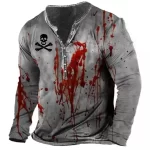 Bloody Skull Pirate Graphic Men’s Henley Long Sleeve Shirt