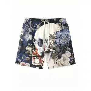 Bloody Splatter Midnight Floral Skull Art Swim Trunks