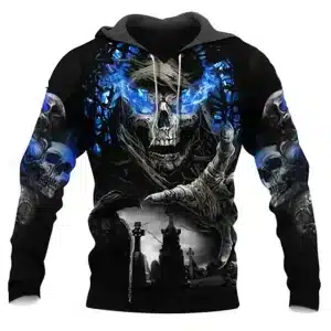 Blue Flame Skull Haunted Cemetery Graphic Men’s Hoodie