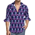 Blue Neon Skull Crossbones Men's Long Sleeve Dress Shirt