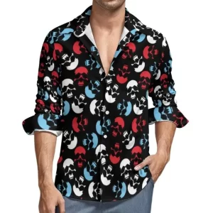 Blue Red Skull Silhouette Print Men's Long Sleeve Dress Shirt