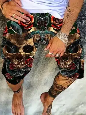 Bronze Skull Rose Snake Grunge Pattern Men’s Swim Trunks