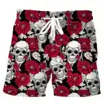 Classic Gothic Red Rose Skull Pattern Black Swim Trunks