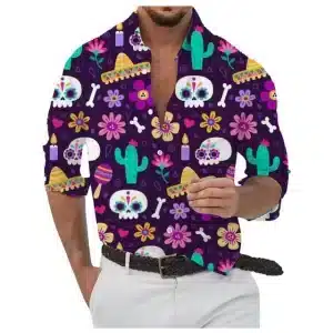 Colorful Calavera Sugar Skulls Men's Long Sleeve Dress Shirt