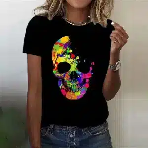 Colorful Paint Splash Skull Art Punk Black Women's T-Shirt