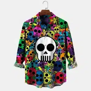 Colorful Skull Pop Doodle Art Men's Long Sleeve Dress Shirt