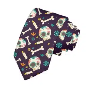 Colorful Sugar Skull Bones Candles Festival Icons Tie