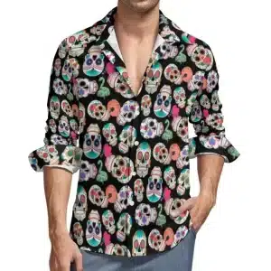 Colorful Sugar Skull Fiesta Men's Long Sleeve Dress Shirt