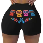 Colorful Sugar Skull & Guitar Icon Print Women’s Biker Shorts