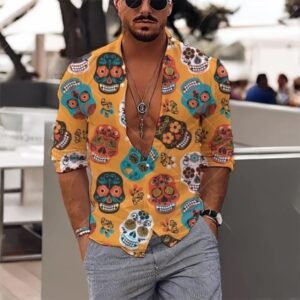 Colorful Sugar Skull Print Men's Long Sleeve Dress Shirt