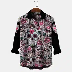 Colorful Sugar Skull & Rose Men's Long Sleeve Dress Shirt