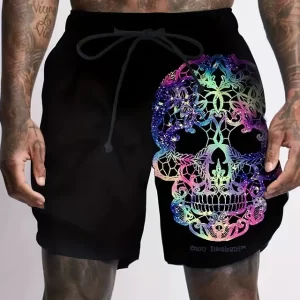 Cosmic Galaxy Rainbow Neon Skull Black Men’s Shorts