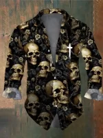 Dark Floral Skull Chain Cross Men's Long Sleeve Dress Shirt