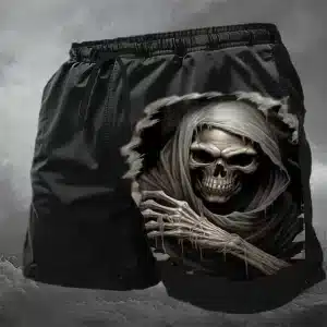 Dark Hooded Grim Reaper Skeleton Horror Swim Trunks