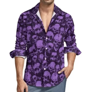 Dark Purple Skull Pattern Long Sleeve Dress Shirt