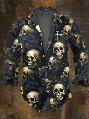 Dark Skull Cascade Cross Print Men's Long Sleeve Dress Shirt