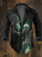 Dark Wizard Green Skull Print Men's Long Sleeve Dress Shirt