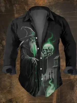 Dark Wizard Green Skull Print Men's Long Sleeve Dress Shirt