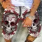 Day of the Dead Crimson Floral Sugar Skull Swim Trunks