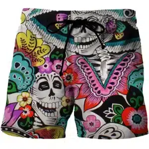 Day of the Dead Smiling Skeletons Graffiti Style Swim Trunks