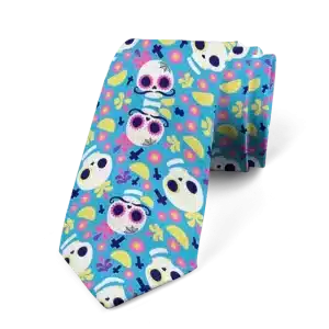 Day of the Dead Sugar Skull Moustache Print Blue Tie