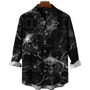 Demon Mask Skull Chain Men's Long Sleeve Dress Shirt