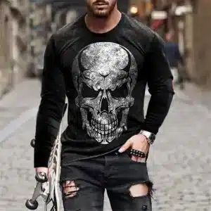 Distressed Evil Silver Skull Print Men’s Long Sleeve T-Shirt