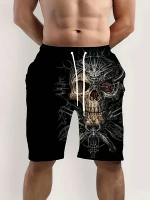 Dope Cyber Punk Skull Fusion Graphic Black Swim Trunks