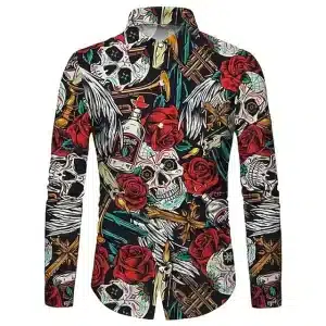 Dope Skull & Roses Tattoo Art Men's Long Sleeve Dress Shirt