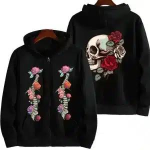 Double Spinal Skeleton Rose Skull Women's Zip-Up Hoodie