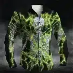 Electric Green Skeleton Print Men's Long Sleeve Dress Shirt