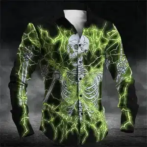 Electric Green Skeleton Print Men's Long Sleeve Dress Shirt