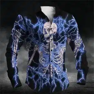 Electric Green Skeleton Print Men's Long Sleeve Dress Shirt