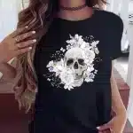 Elegant White Floral Skull Black Women's T-Shirt